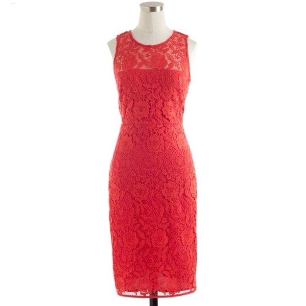J. Crew Women’s Coral Sleeveless Sheath Midi Dress Floral Pattern Lace Size 14
